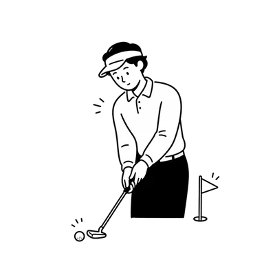 Black line drawing of a golf bag and clubs