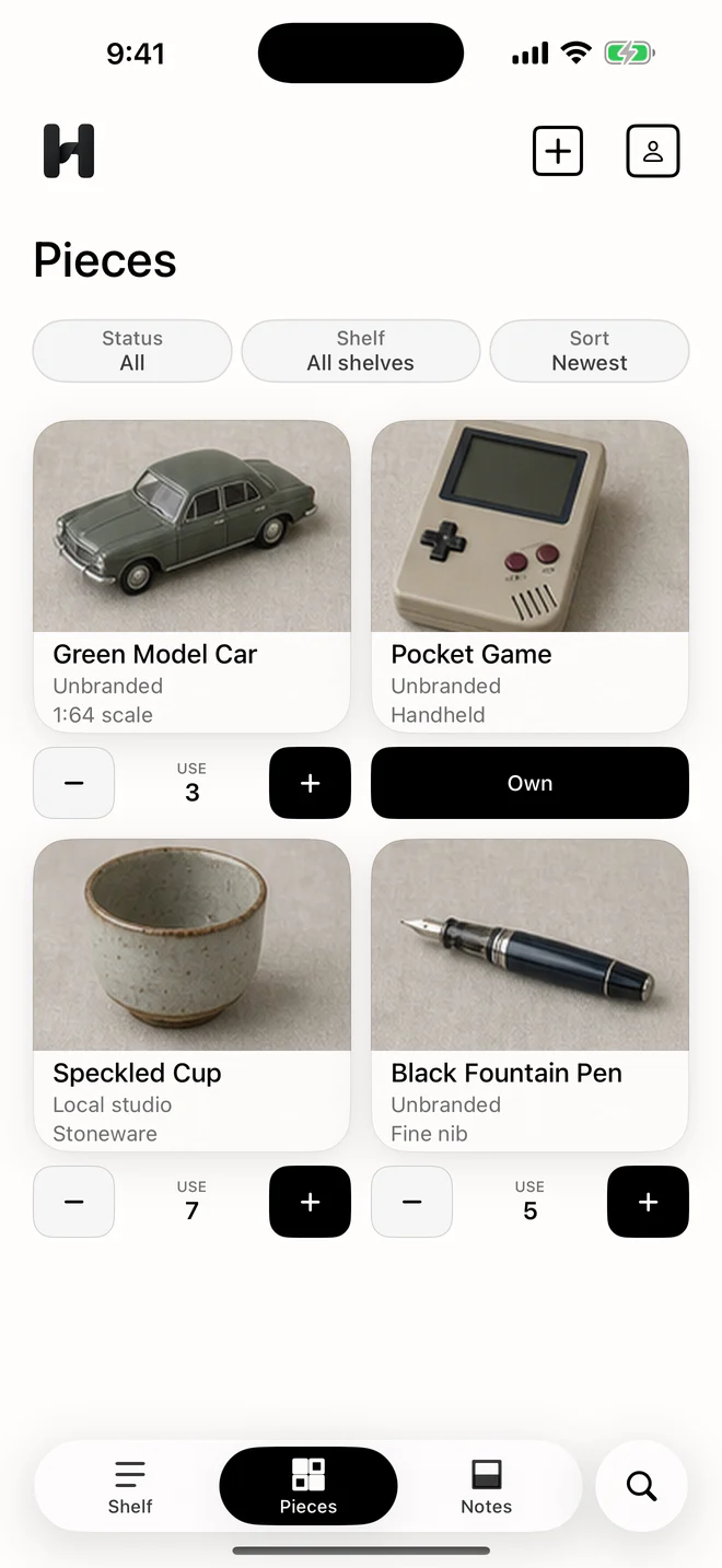 iPhone example: owned and wanted items with photos, details and separate use counts in Hoblio